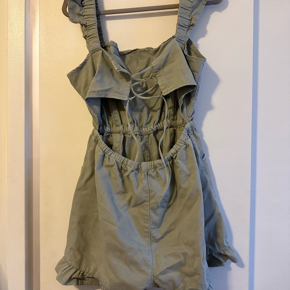 Miss Selfridge frill detail denim romper in khaki size US 12